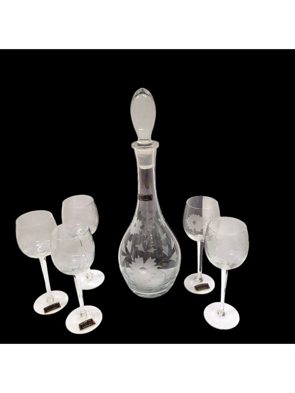 Toscany 1960s Crystal Decanter 5 Stemware Romania Etched Daisy Leaf Motif